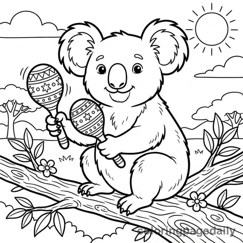 Koala Playing Maracas - Daily printable coloring page in Animals category