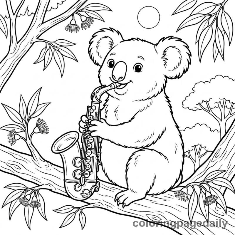 Koala Playing Saxophone - Daily printable coloring page in Animals category