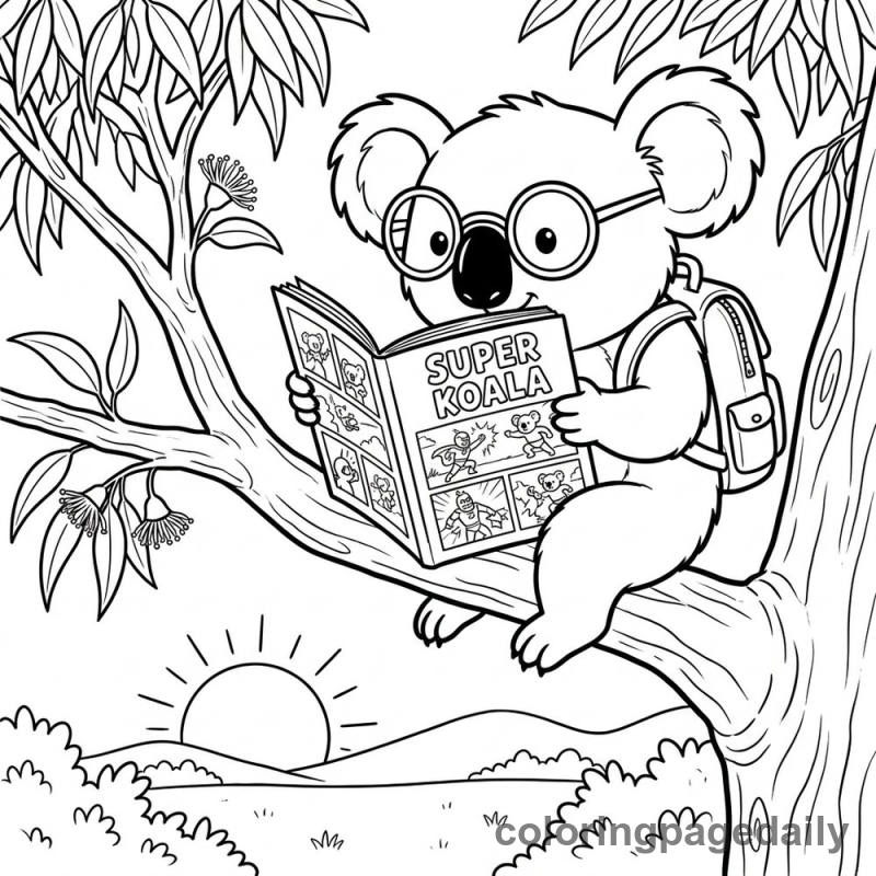 Koala Reading Comic Book - Daily printable coloring page in Animals category