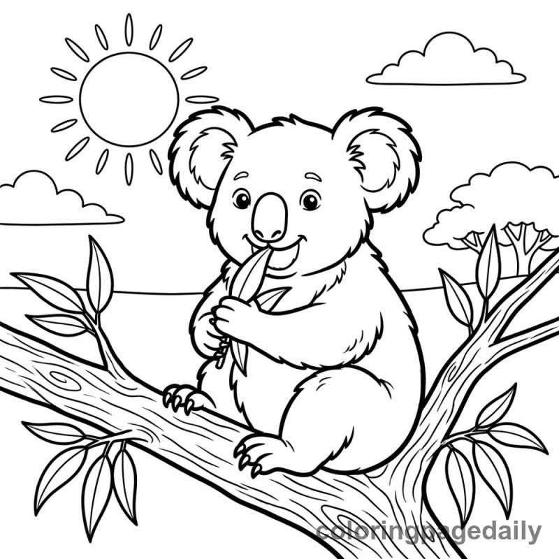 Koala's Sunny Snack - Daily printable coloring page in Animals category