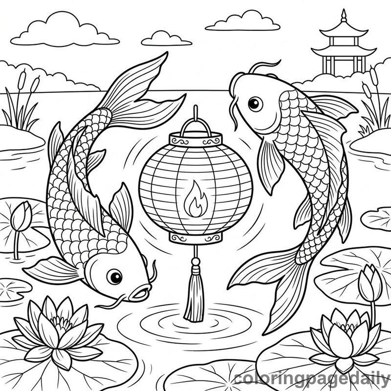 Koi Fish And Floating Lantern - Daily printable coloring page in Chinese New Year category