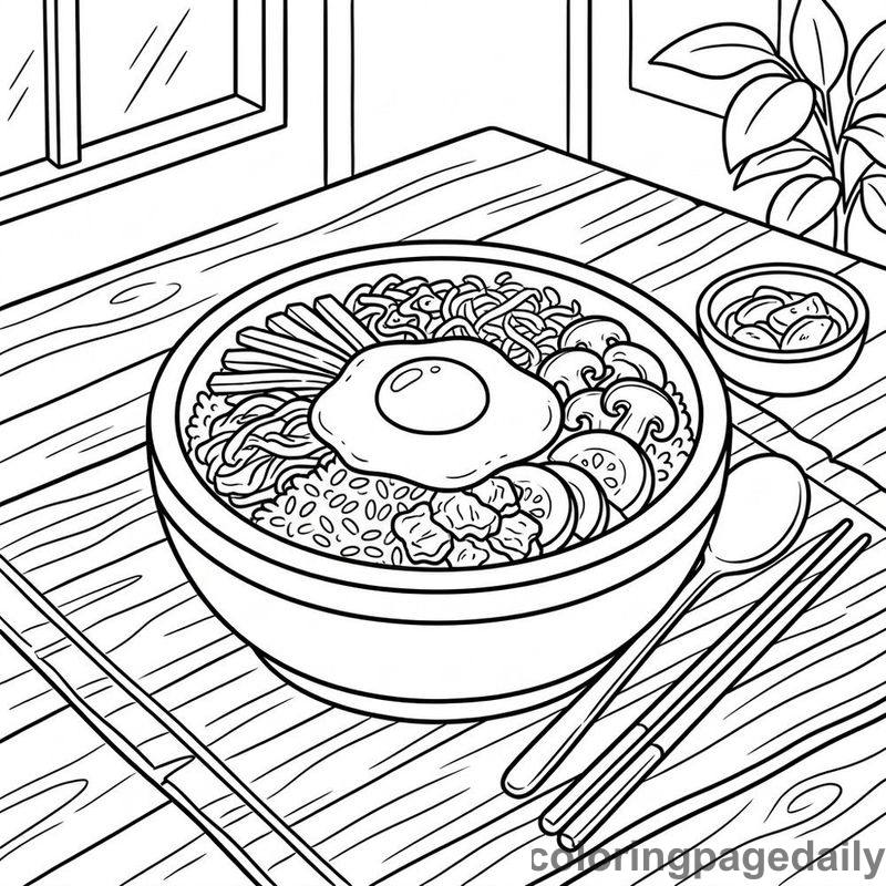 Korean Bibimbap Bowl - Daily printable coloring page in Food category