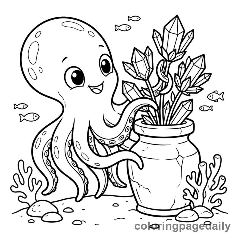 Kraken Arranging Crystal Flowers - Daily printable coloring page in Mythical Creature category