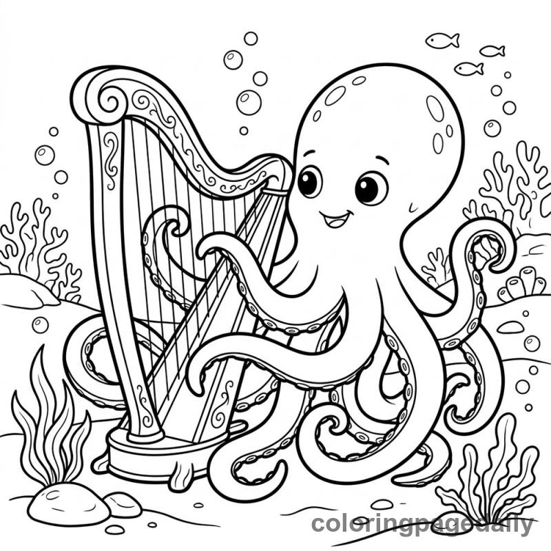 Kraken Playing The Harp - Daily printable coloring page in Mythical Creature category