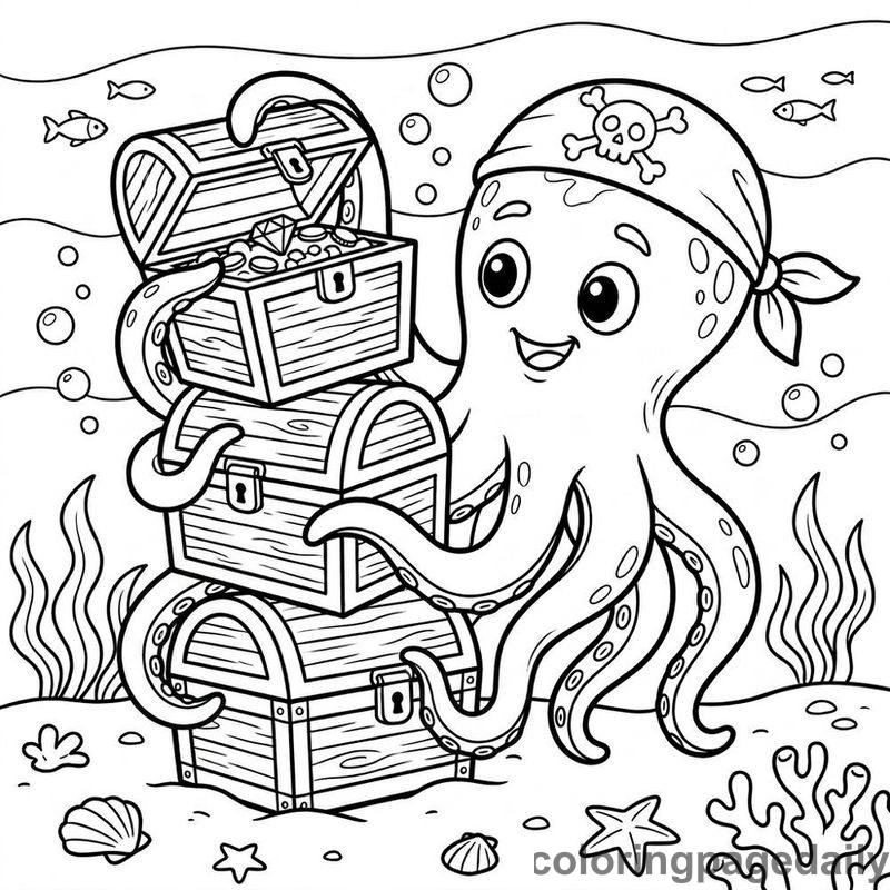 Kraken Stacking Treasure Chests - Daily printable coloring page in Mythical Creature category