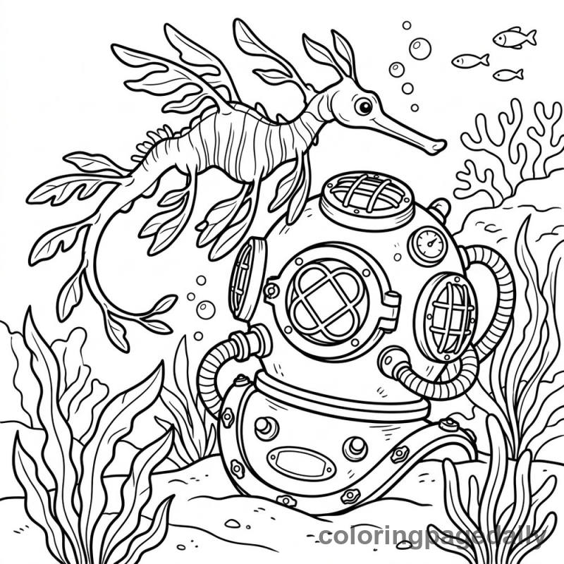 Leafy Seadragon Exploring Helmet - Daily printable coloring page in Ocean and Underwater Life category