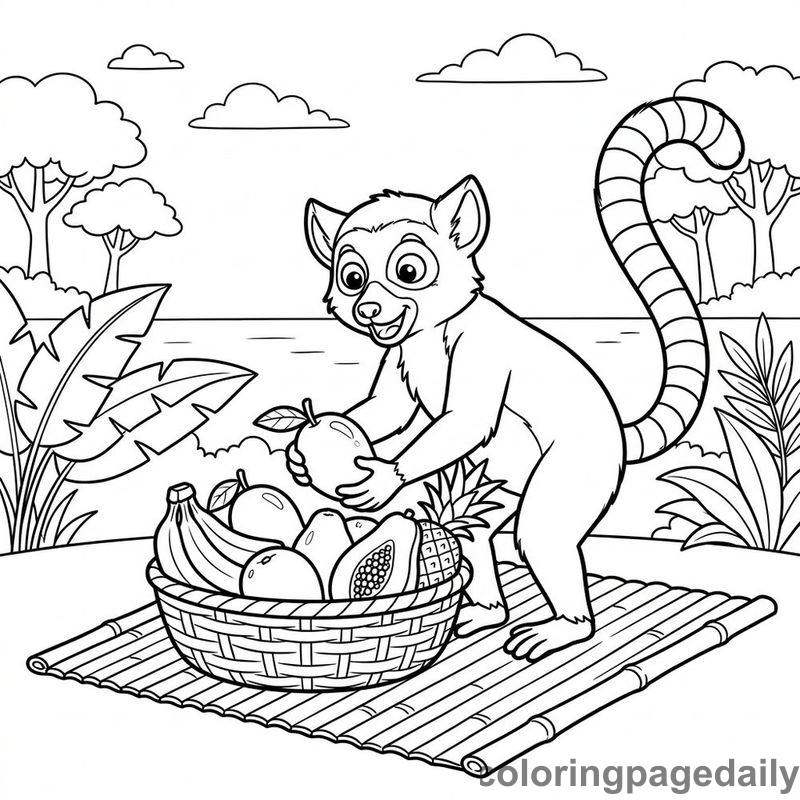 Lemur Arranging Fruit Basket - Daily printable coloring page in Animals category
