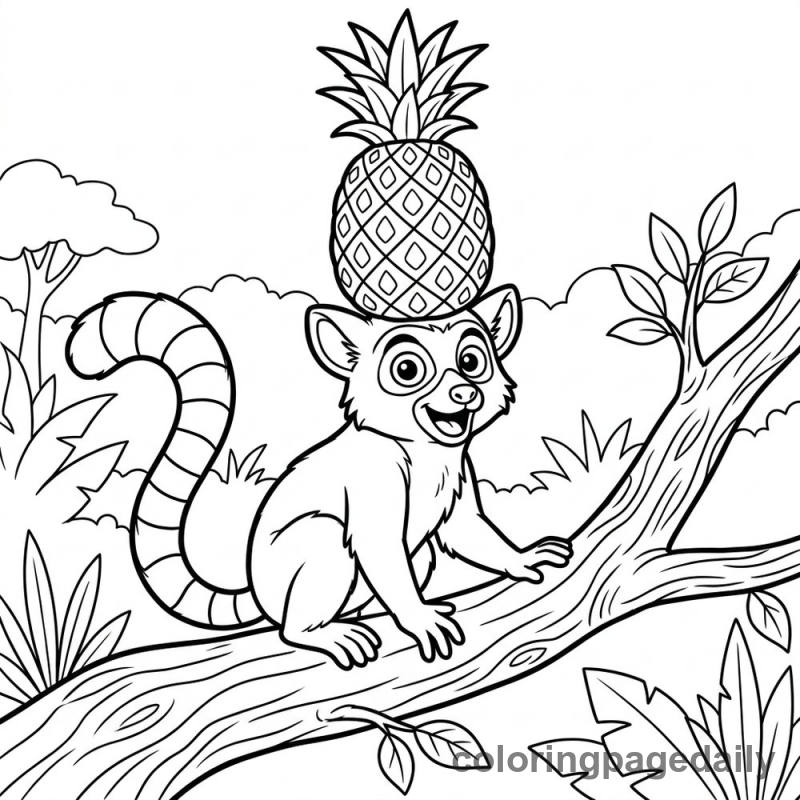 Lemur Balancing Pineapple Fun - Daily printable coloring page in Animals category
