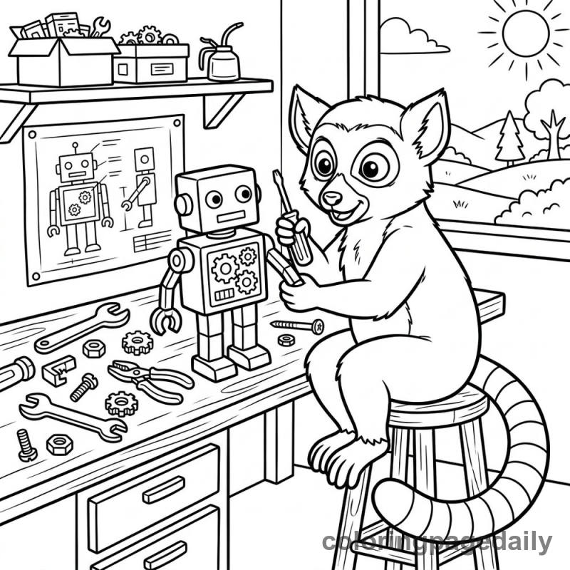 Lemur Building Robot - Daily printable coloring page in Animals category