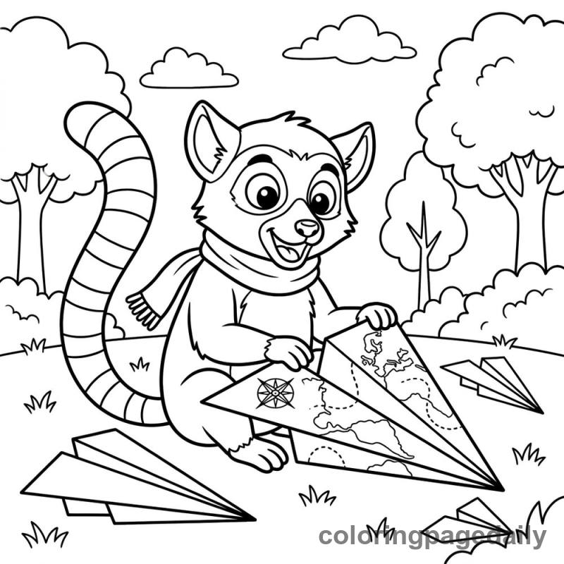 Lemur Folding Paper Airplane - Daily printable coloring page in Animals category