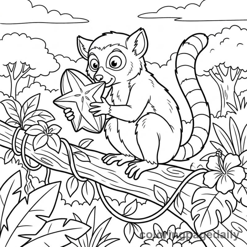 Lemur Investigates a Starfruit - Daily printable coloring page in Animals category