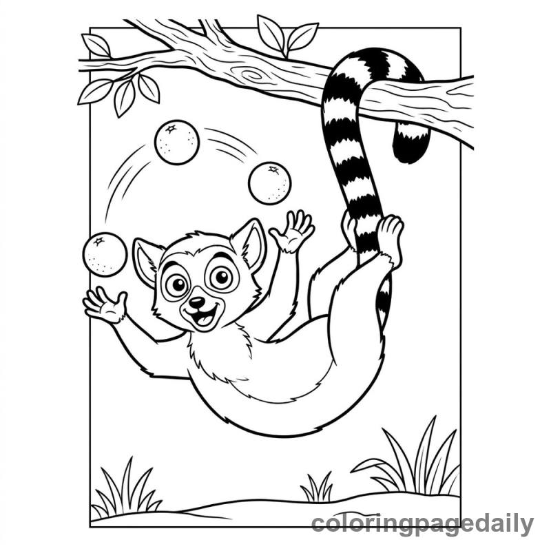 Lemur Juggling Oranges - Daily printable coloring page in Animals category