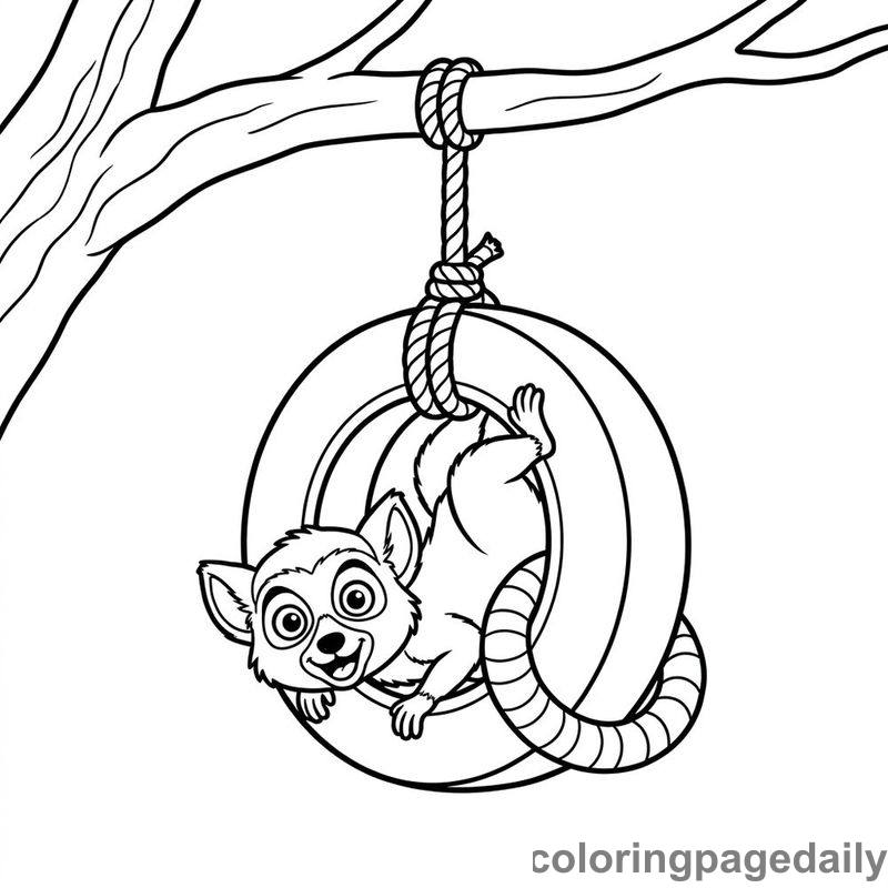 Lemur on Tire Swing - Daily printable coloring page in Animals category