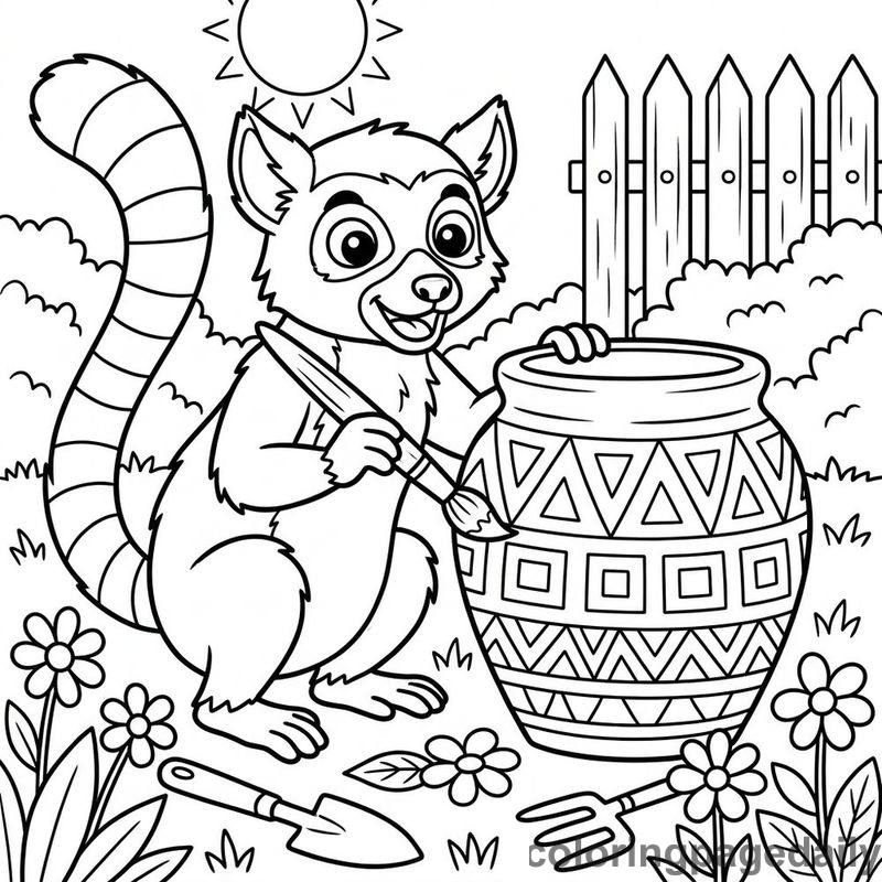 Lemur Painting Garden Pot - Daily printable coloring page in Animals category
