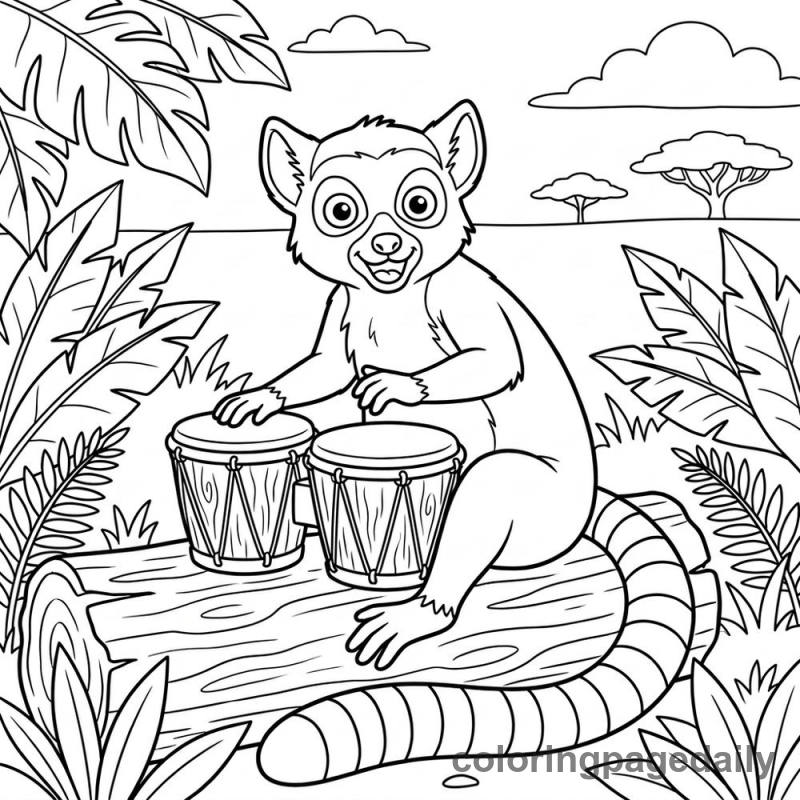 Lemur Playing Bongo Drums - Daily printable coloring page in Animals category