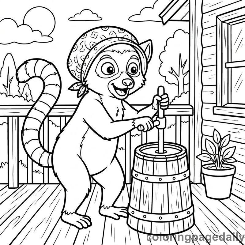 Lemur Pumping Butter Churn - Daily printable coloring page in Animals category