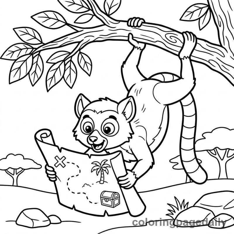 Lemur Reading Treasure Map - Daily printable coloring page in Animals category