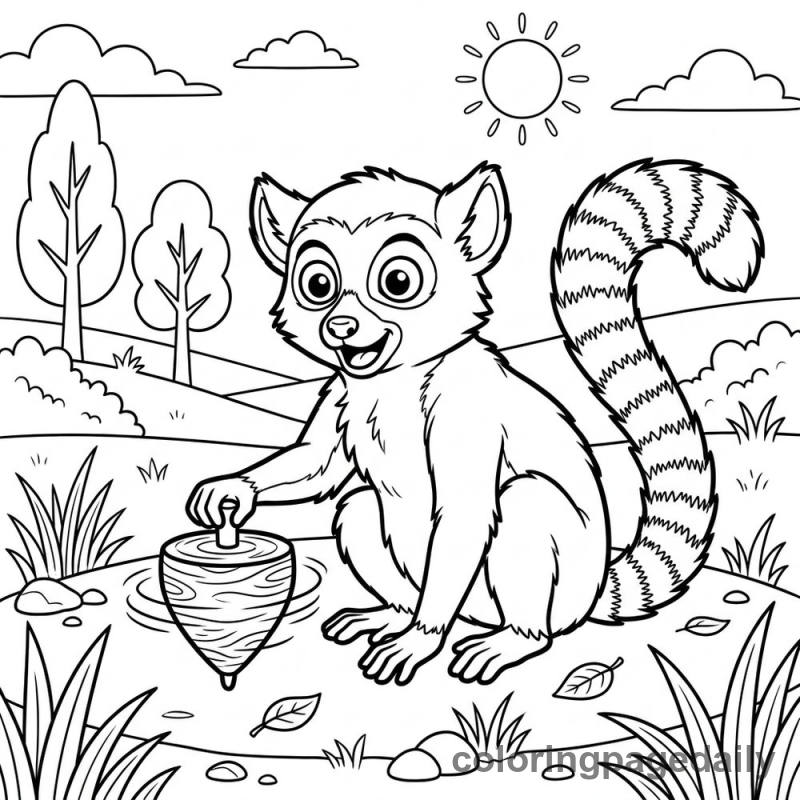 Lemur Spinning a Top - Daily printable coloring page in Animals category