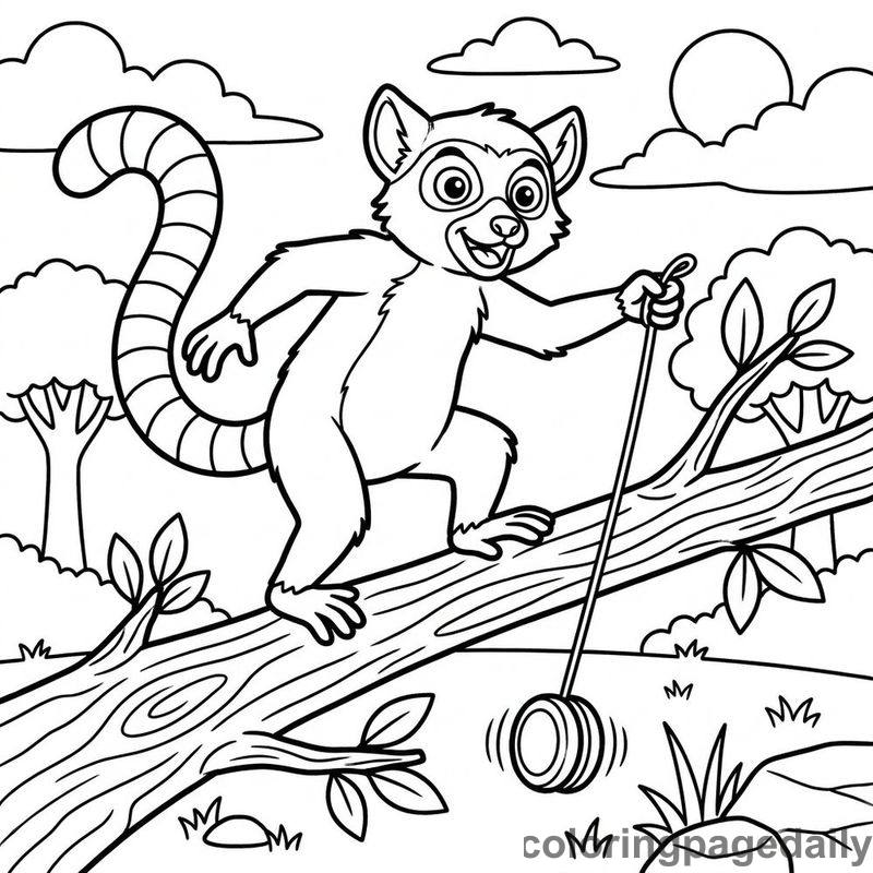 Lemur Swinging A Yo-Yo - Daily printable coloring page in Animals category