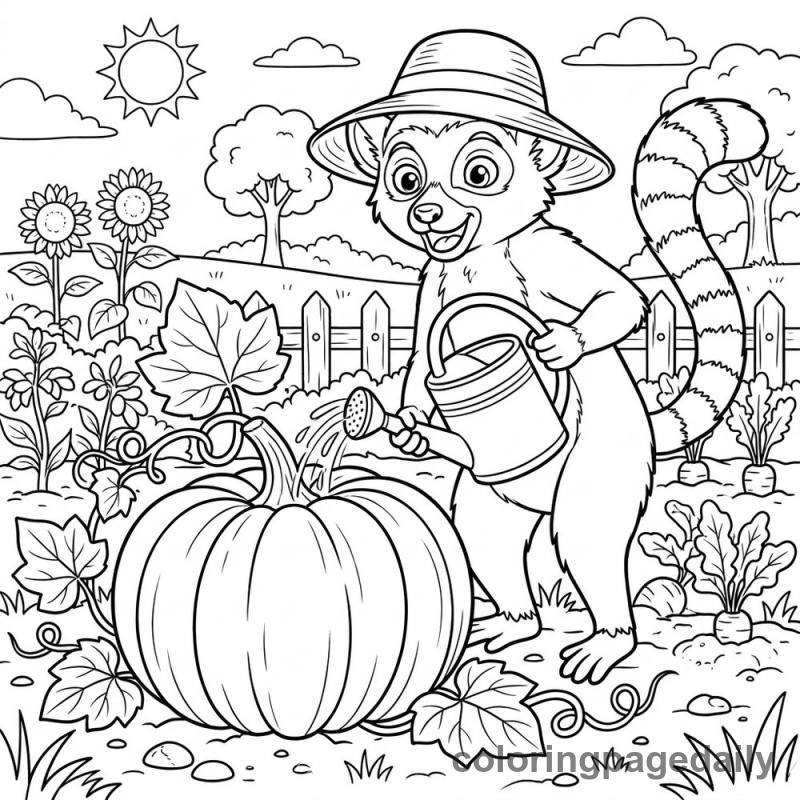 Lemur Watering Giant Pumpkin - Daily printable coloring page in Animals category