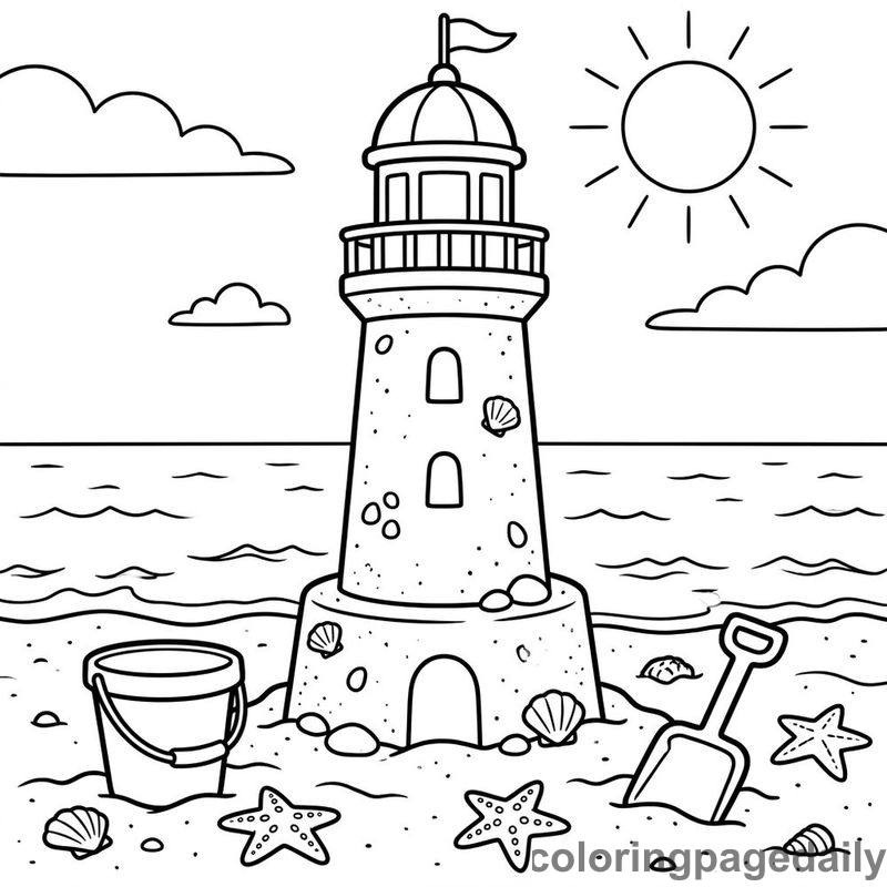 Lighthouse Beach Sandcastle - Daily printable coloring page in Summer Vacation category