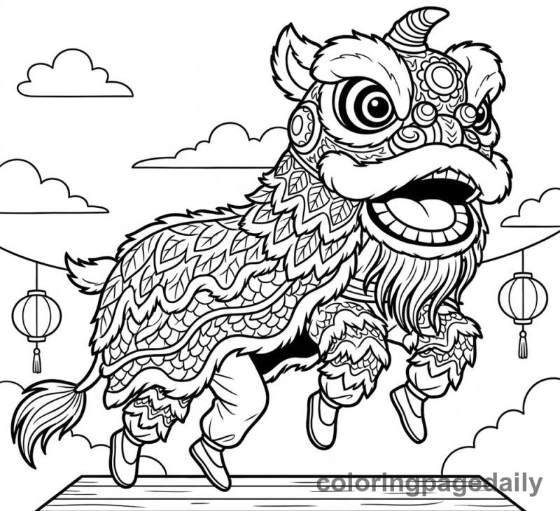 Lion Dance Jumping - Daily printable coloring page in Chinese New Year category