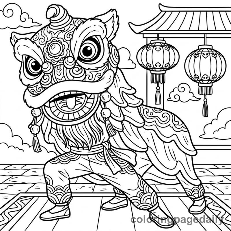 Lion Dance Performance - Daily printable coloring page in Chinese New Year category