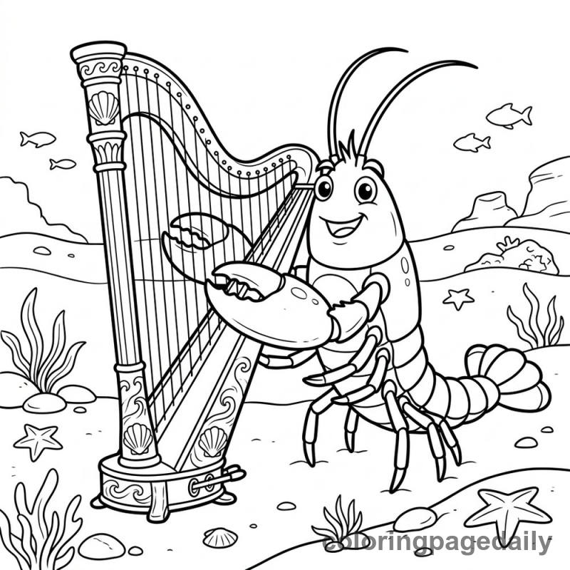 Lobster Playing Harp - Daily printable coloring page in Ocean and Underwater Life category