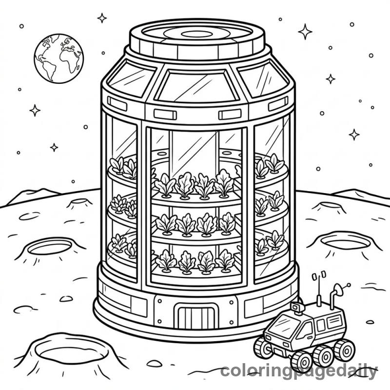 A futuristic cylindrical farming tower stands on the cratered moon, showing rows of leafy plants growing through its large glass windows.