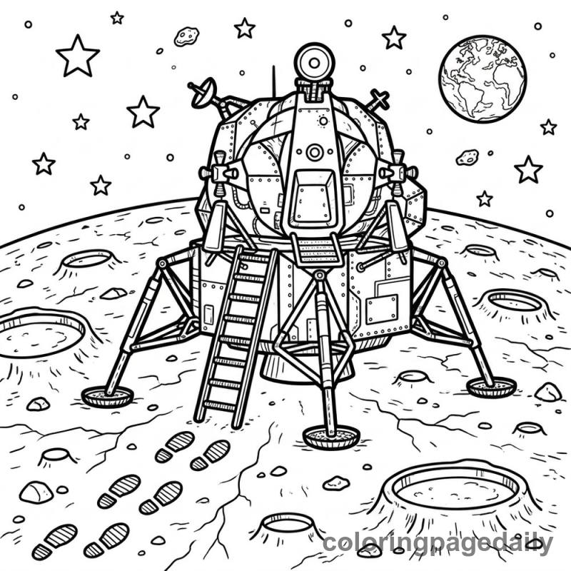 Lunar Lander on the Moon's Surface - Daily printable coloring page in Space category