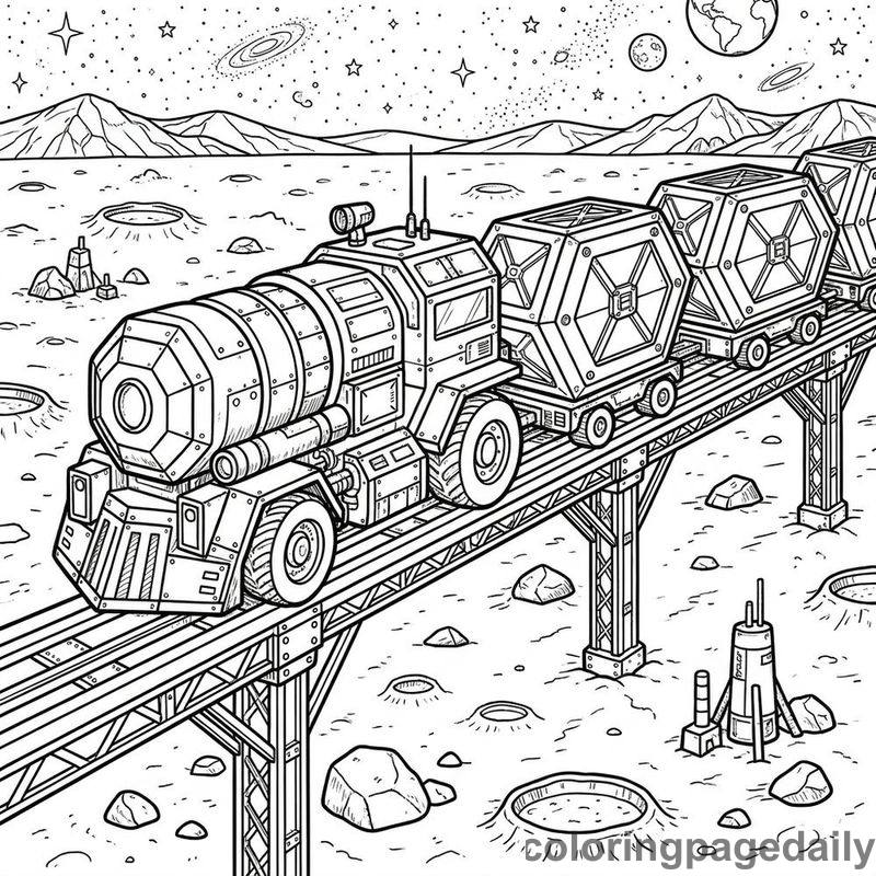 Lunar Mining Cargo Train - Daily printable coloring page in Space category