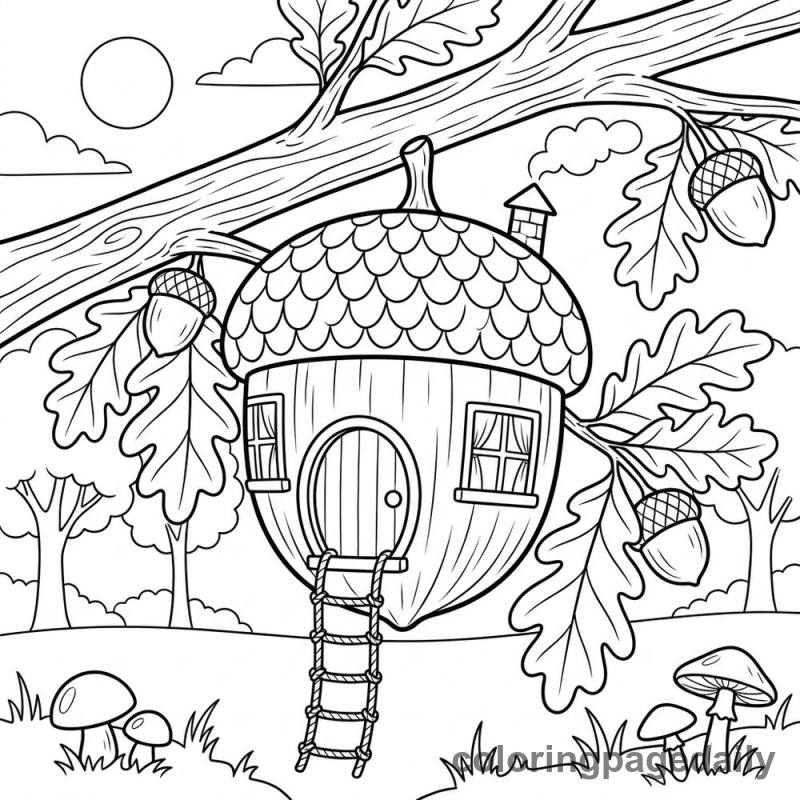 Magical Acorn House - Daily printable coloring page in Scenery category