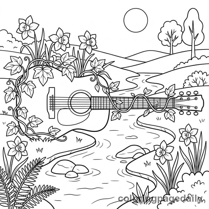 Magical Acoustic Guitar Bridge - Daily printable coloring page in Scenery category