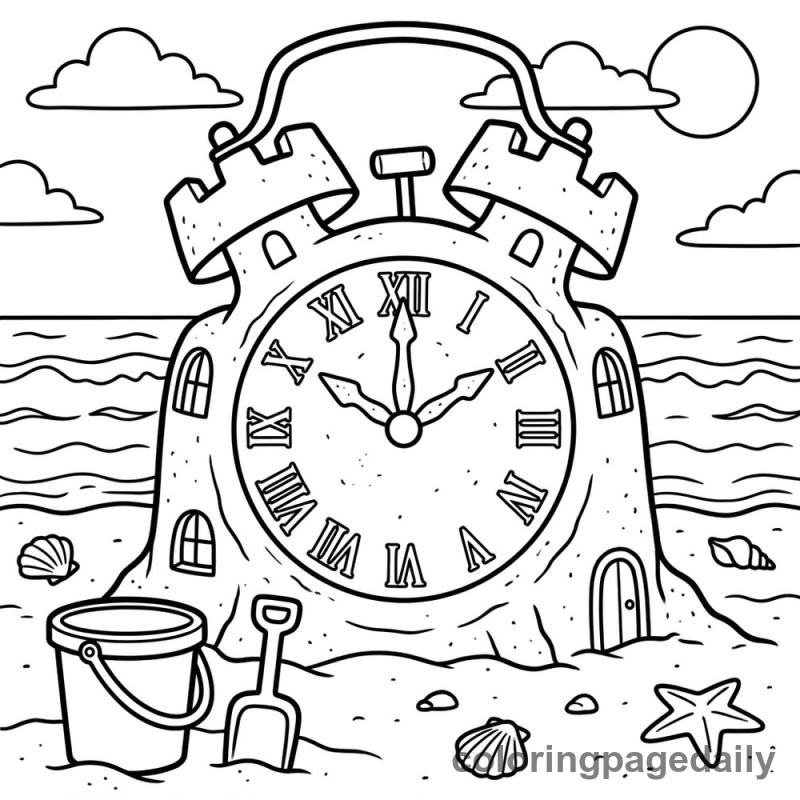 Magical Alarm Clock Sandcastle - Daily printable coloring page in Scenery category