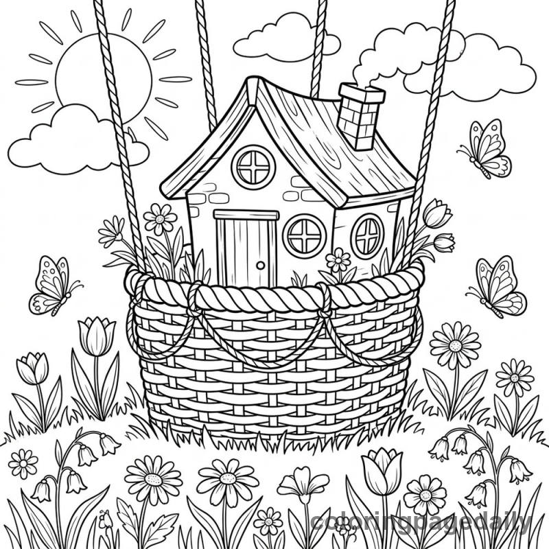 Magical Balloon Basket House - Daily printable coloring page in Scenery category