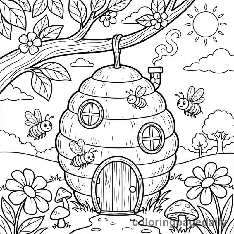 Magical Beehive House - Daily printable coloring page in Scenery category