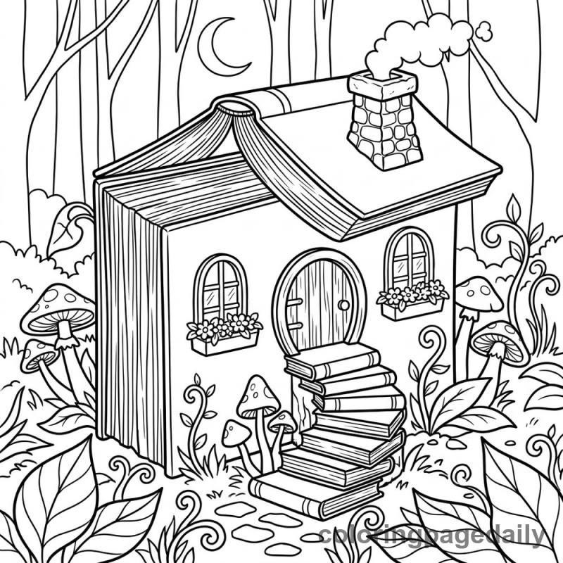 Magical Book House - Daily printable coloring page in Scenery category