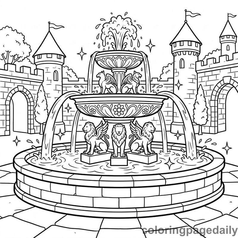 Magical Castle Marble Fountain - Daily printable coloring page in Fairy Tales category