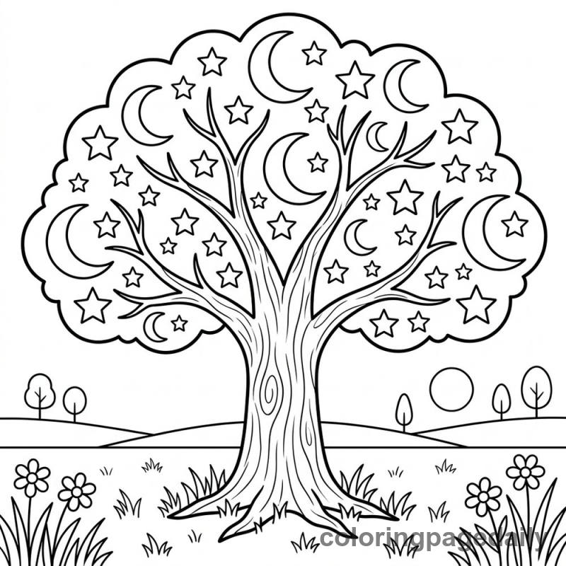 The Magical Celestial Tree - Daily printable coloring page in Scenery category