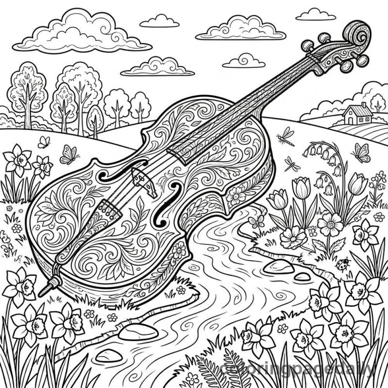 Magical Cello Spring Bridge - Daily printable coloring page in Scenery category