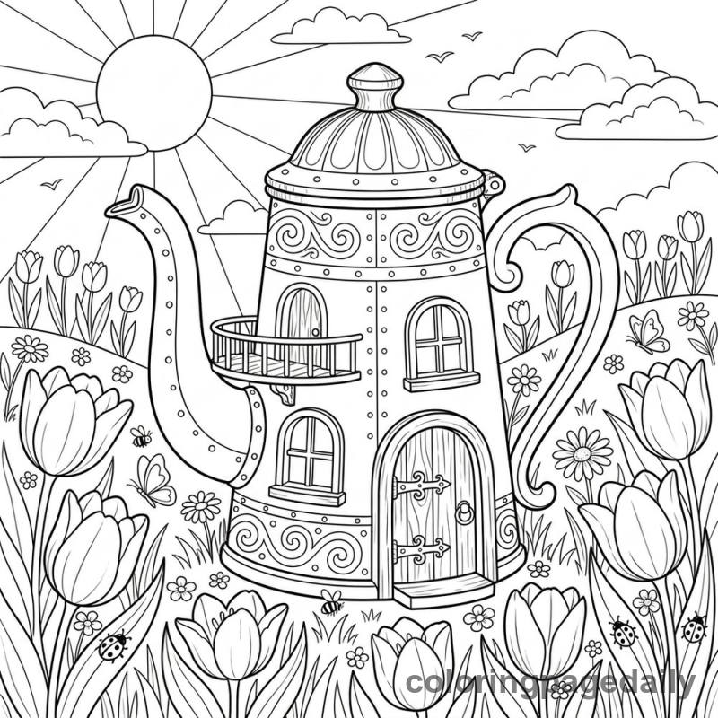 Magical Coffee Pot Spring House - Daily printable coloring page in Scenery category