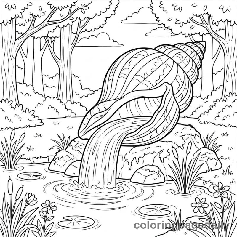 Magical Conch Shell Waterfall - Daily printable coloring page in Scenery category