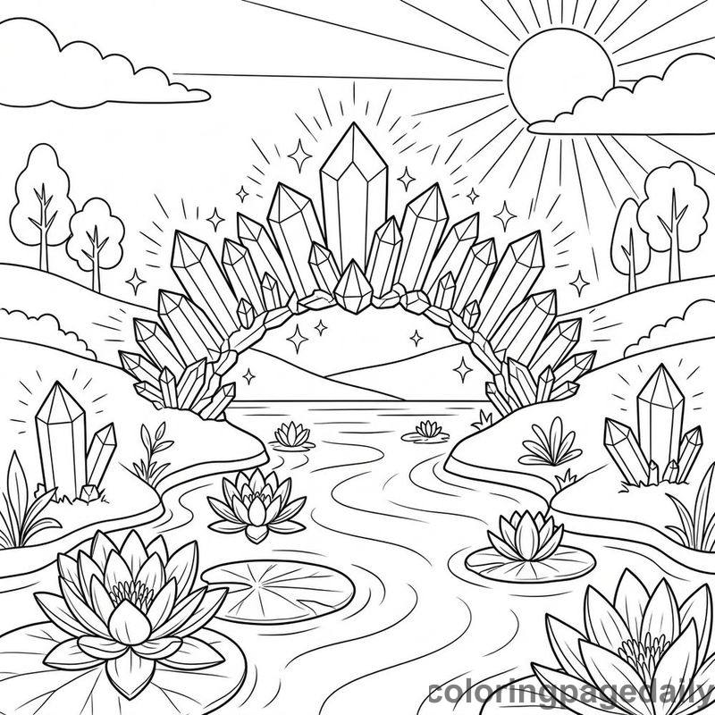 Magical Crystal Bridge Over River - Daily printable coloring page in Scenery category