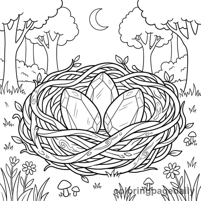 Magical Crystal Egg Nest - Daily printable coloring page in Scenery category