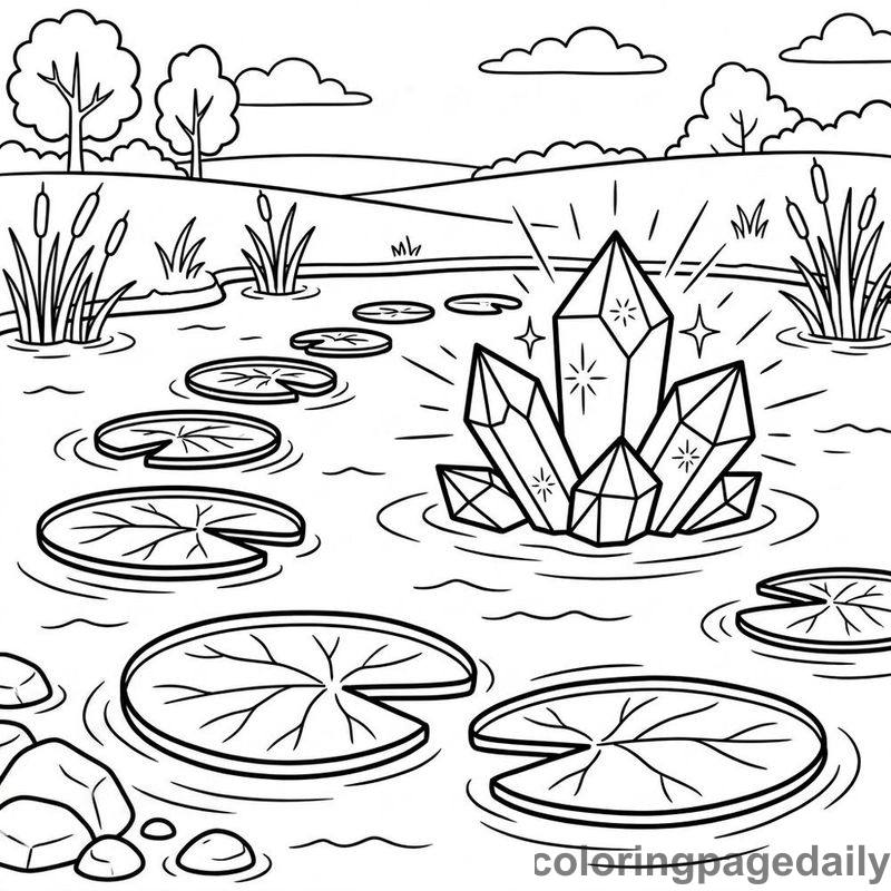 Magical Crystal Lily Pad Pond - Daily printable coloring page in Scenery category