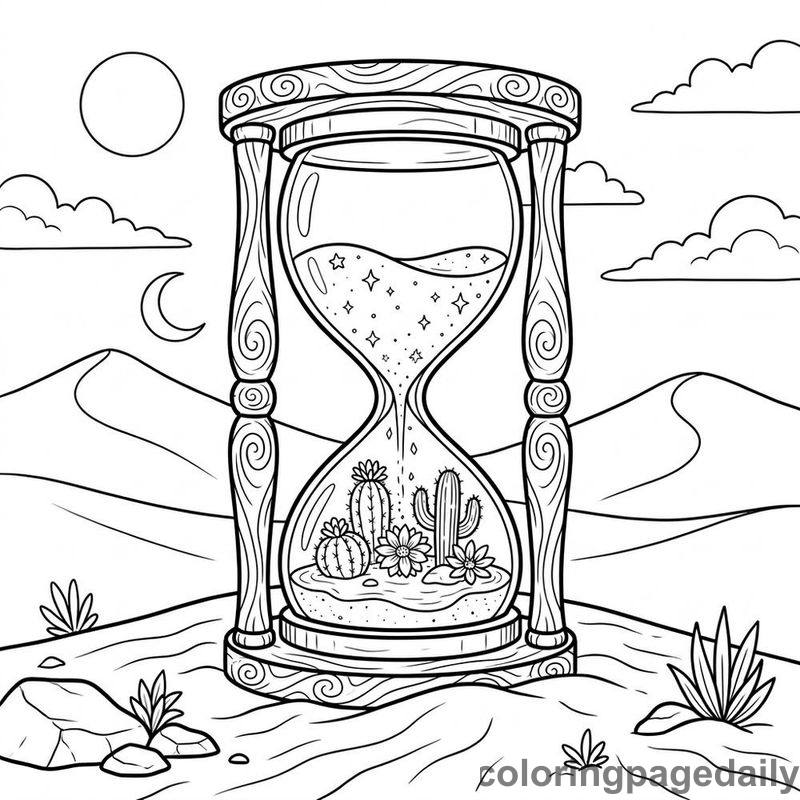 Magical Desert Hourglass - Daily printable coloring page in Scenery category