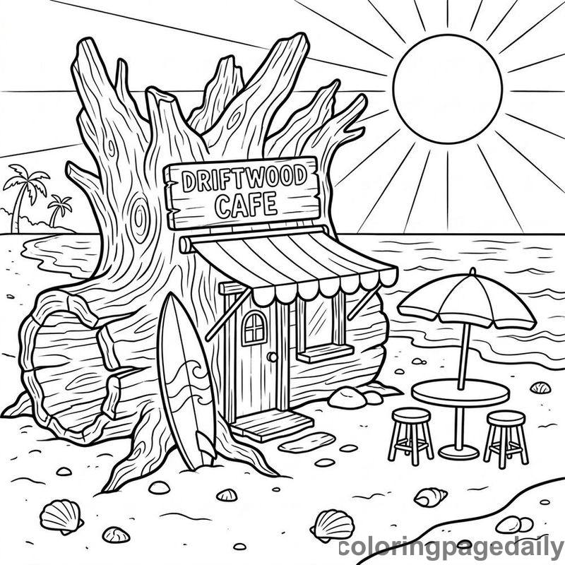 Magical Driftwood Beach Cafe - Daily printable coloring page in Scenery category