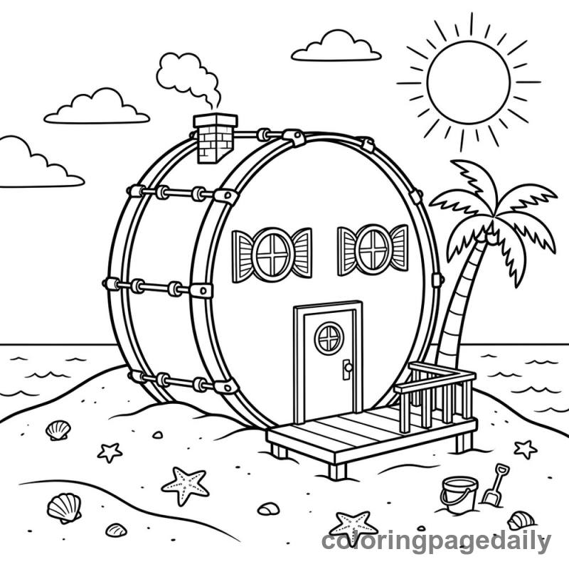 Magical Drum Beach House - Daily printable coloring page in Scenery category