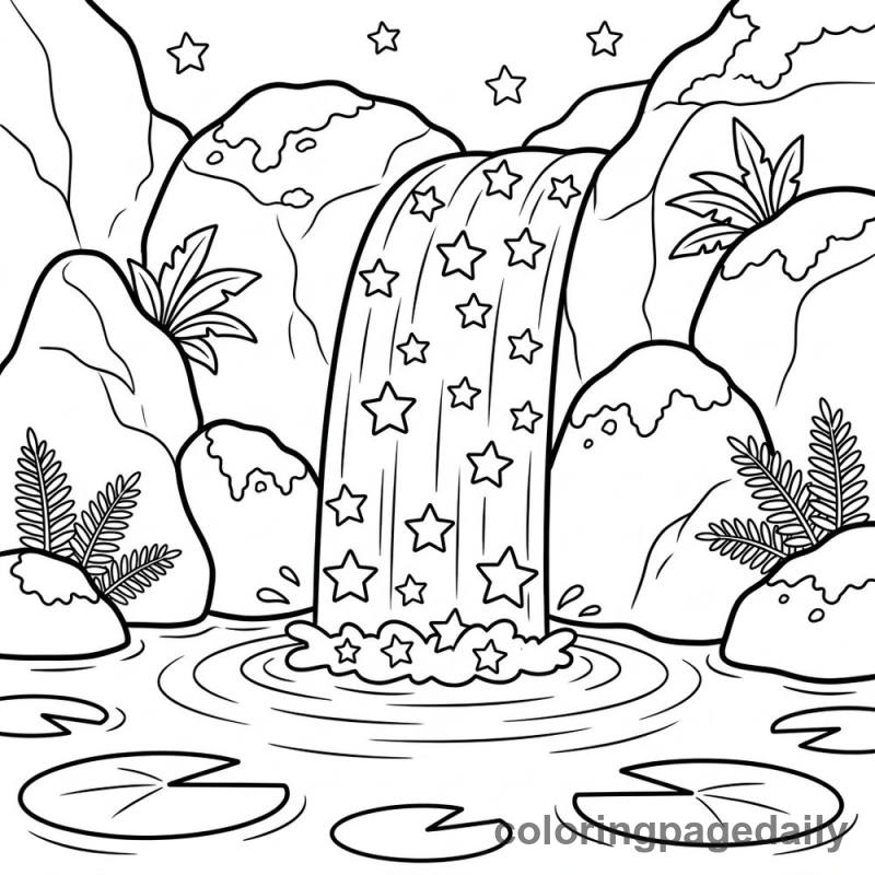 Magical Falling Star Waterfall - Daily printable coloring page in Scenery category