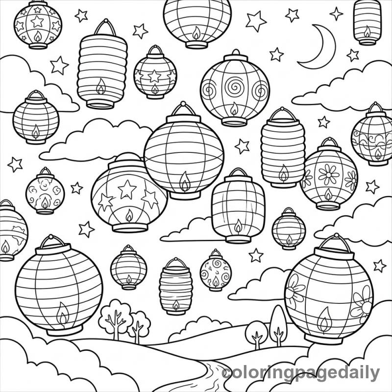 Magical Floating Lantern Sky - Daily printable coloring page in Scenery category